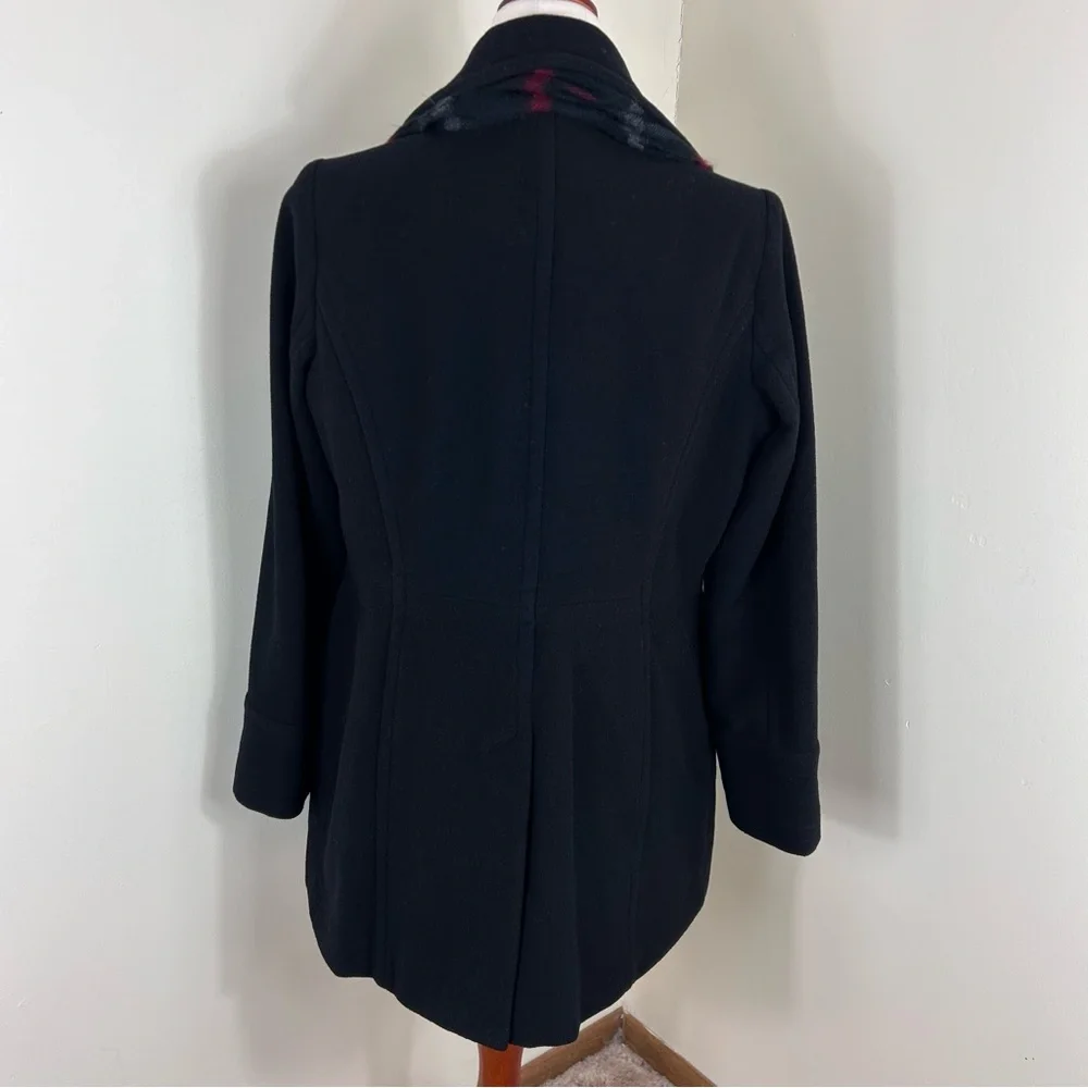 London Fog Womens Medium Black Wool Pea Coat Plaid Scarf Business Professional - Picture 3 of 9
